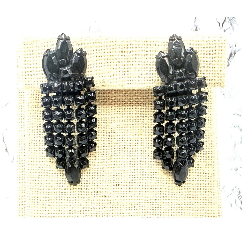 Vintage Weiss Black Glass Chandelier Clip On Earrings Signed 2" Dangle